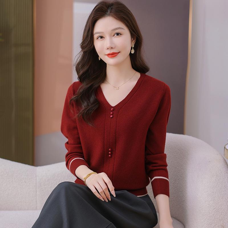 

Women s V-Neck Knitwear: 2025 Spring/Autumn Long-Sleeve Slimming Sweater - Trendy, Lightweight Base Shirt L (recommended 55-62.5 kg) вина червоного кольору
