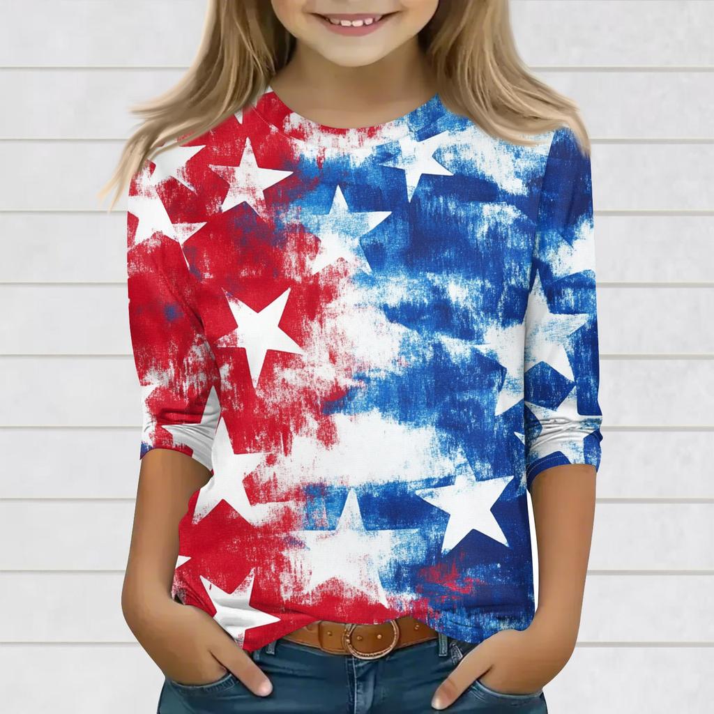 Druckoberteile für junge Mädchen 3-10 Jahre Rundhals 3/4-Ärmel T-Shirts Trendige Oberteile Outfit T-Shirts