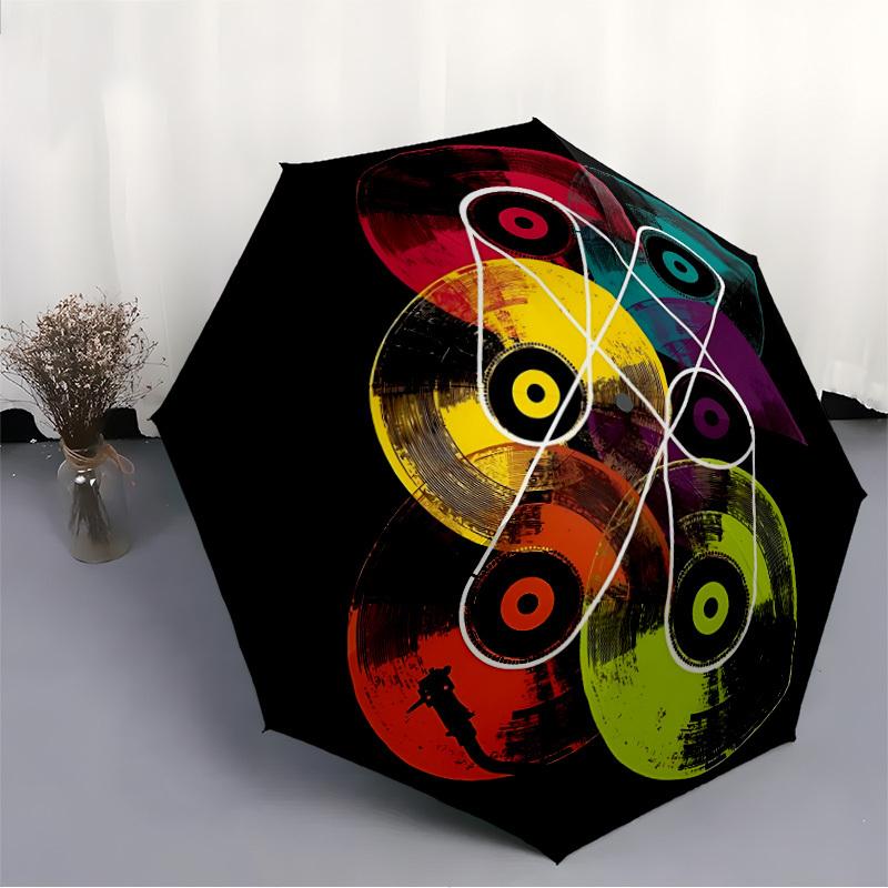 1pc Vinyl Music Automatic Folding Umbrella - Compact 8-Rib Design, Durable Plastic & Iron, Lightweight for Outdoor Daily Use222