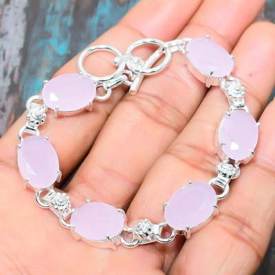 Pink Chalcedony Gemstone Handmade 925 Sterling Silver Bracelet For Women