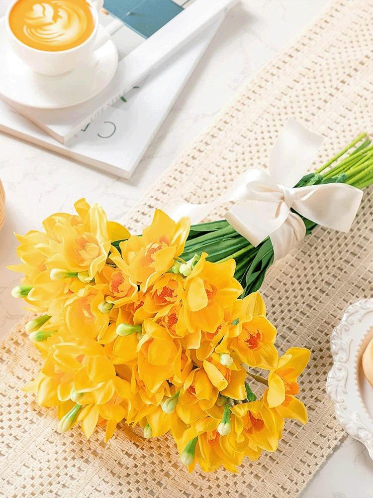 10 Pcs Artificial Daffodils Flower Bouquets Silk Fake Flower for Home Party Office Garden Indoor and Outdoor Wedding Decor DIY Flower Arrangements