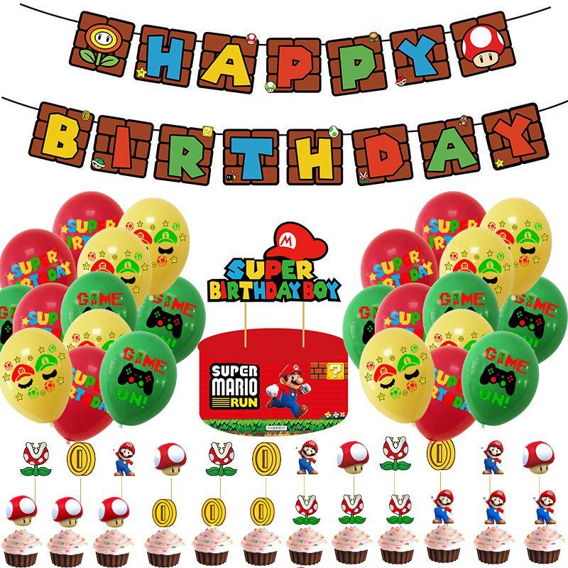 Birthday Super Mario Party Decor Suit Supplies Set Balloon Banner Topper Cake