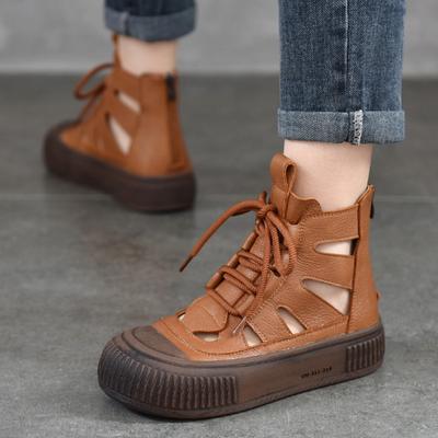 Stivali scavati estivi Scarpe romane Sandali da donna in vera pelle con punta tonda casual con suola morbida