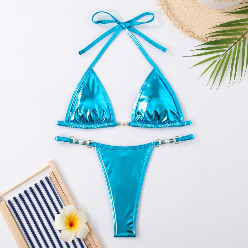 Glänzender Sexy Europäischer & Amerikanischer Gespaltener Dreieck-Bikini, Riemen-Badeanzug ohne Rücken
