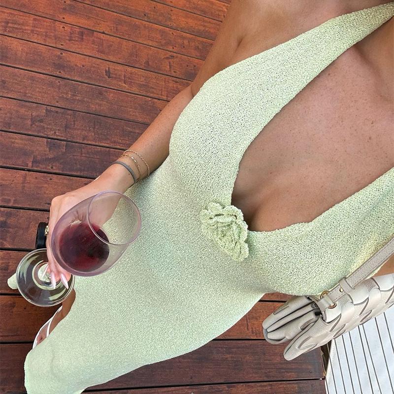 Derin V Yaka Sırtı Açık Uzun Elbise Yaz Seksi Kadın Yan Yırtmaçlı Kolsuz Örme Elbiseler Tatil Şık Yüksek Bel Moda Plaj Partisi Askılı Kıyafetler