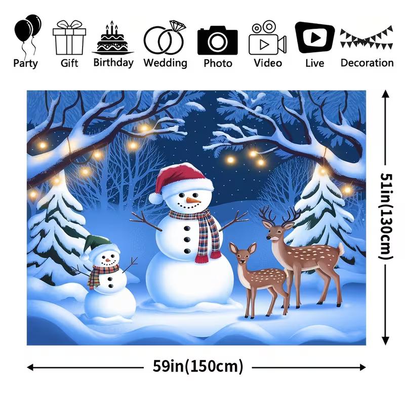 2D Christmas Snowman Scene Backdrop, Deer Family & Snowy Forest Photography Background