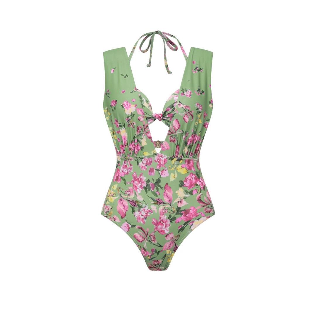 European and American swimwear green floral one-piece swimsuit set split bikini S