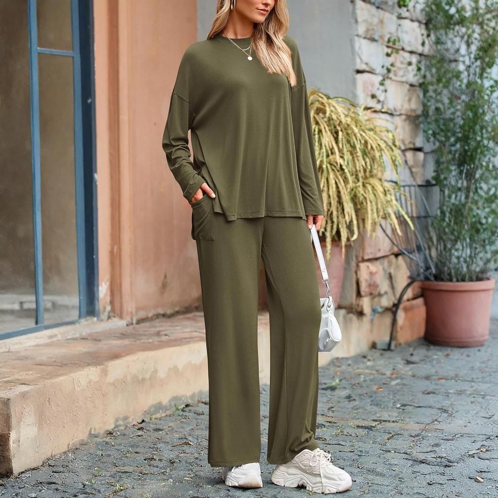 Completo Due Pezzi Moda da Donna a Vestibilità Larga, Colore Unico, Scollo Tondo Spaccato, Maniche Lunghe, Pantaloni Lunghi