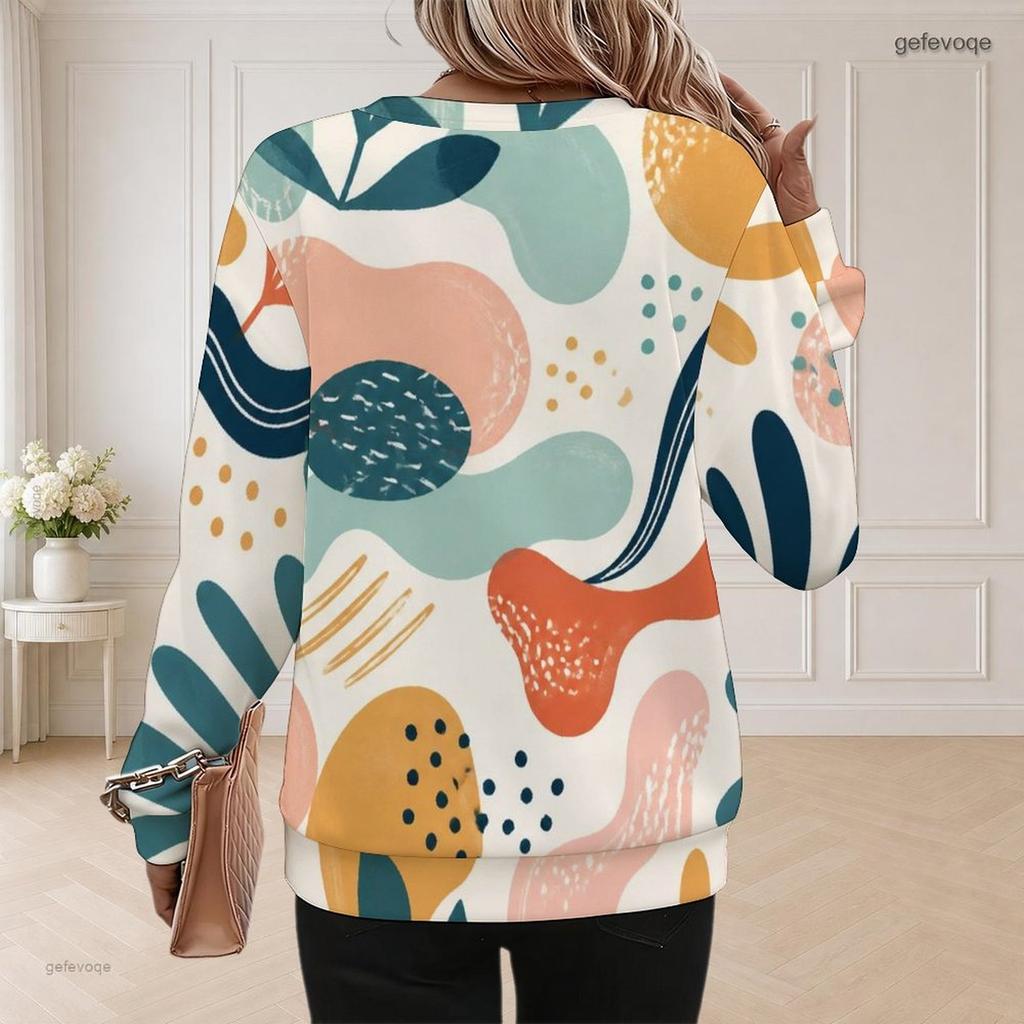 Women Plus Size Round Neck Long Sleeve Abstract Printed Ribbed Cuffs Pullover Sweatshirt