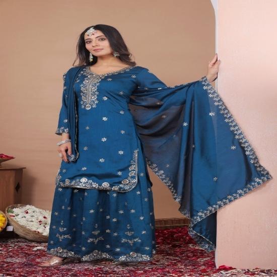 **Elegant Teal Blue Chanderi Silk Embroidered Kurta Suit Set with Dupatta** S