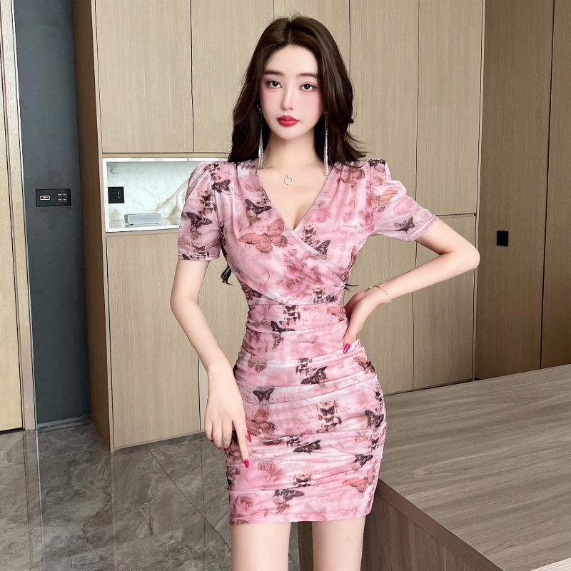 Sexy V-Ausschnitt Bodycon Kleid mit Schmetterlingsmuster, gerafft, tailliert und mit Netz-Kurzärmeln