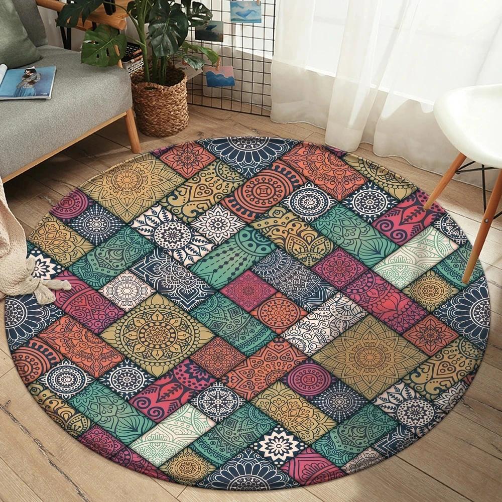 Alfombra Redonda Mandala Boho Alfombra de Área con Estampado Floral Colorido Para Sala de Estar Dormitorio Silla Felpudo Antideslizante para Suelo Hogar Cocina Felpudo de Puerta