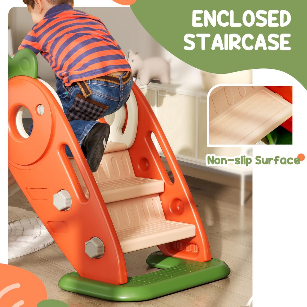 3 In 1 Foldable Toddler Slide with Basketball Hoop, Climber, Carrot-themed, for 1-3 Years