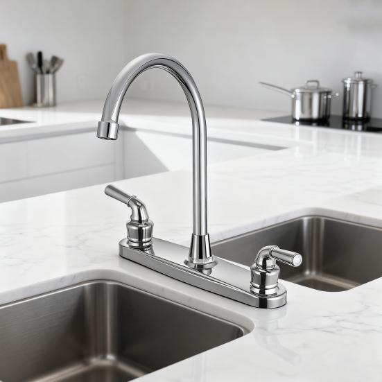 RV Faucet Two Handle Kitchen Faucet High Arch Spout Faucet 360 Swivel 8" Chrome-Plated Metal Bubbler Faucet