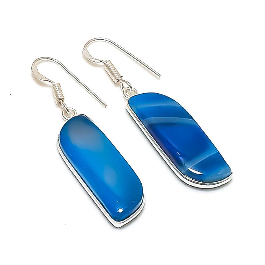 Natural Blue Lace Agate Gemstone 925 Sterling Silver Jewelry Earring 1.85" AE-12140