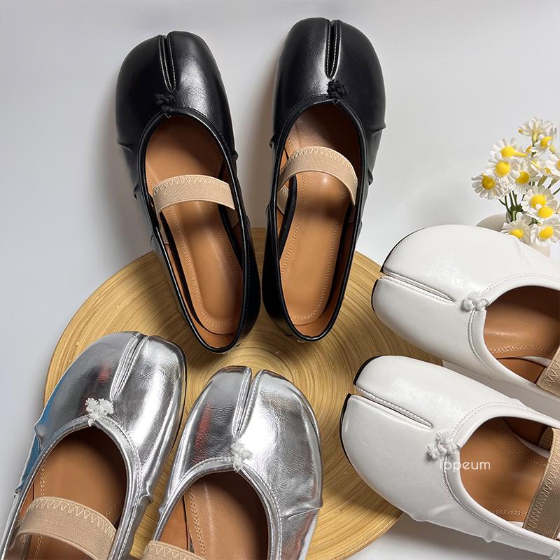 Fashion IPPEUM Women Elastic Band Ballerina Flats Ballet Split Toe Shoes Black Leather Plus Size Ballerinas Zapatos Mujer