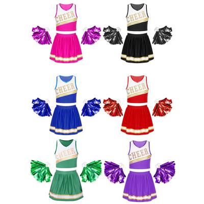 Kids Girls Cheerleading Dance Set Sleeveless V Neck Letters Printed Crop Top with Skirt and 1 Pair Tassel Flower Balls