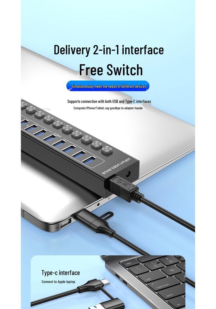 10-Port USB 3.0 Hub Expander for Laptops, Phones, and Desktops
