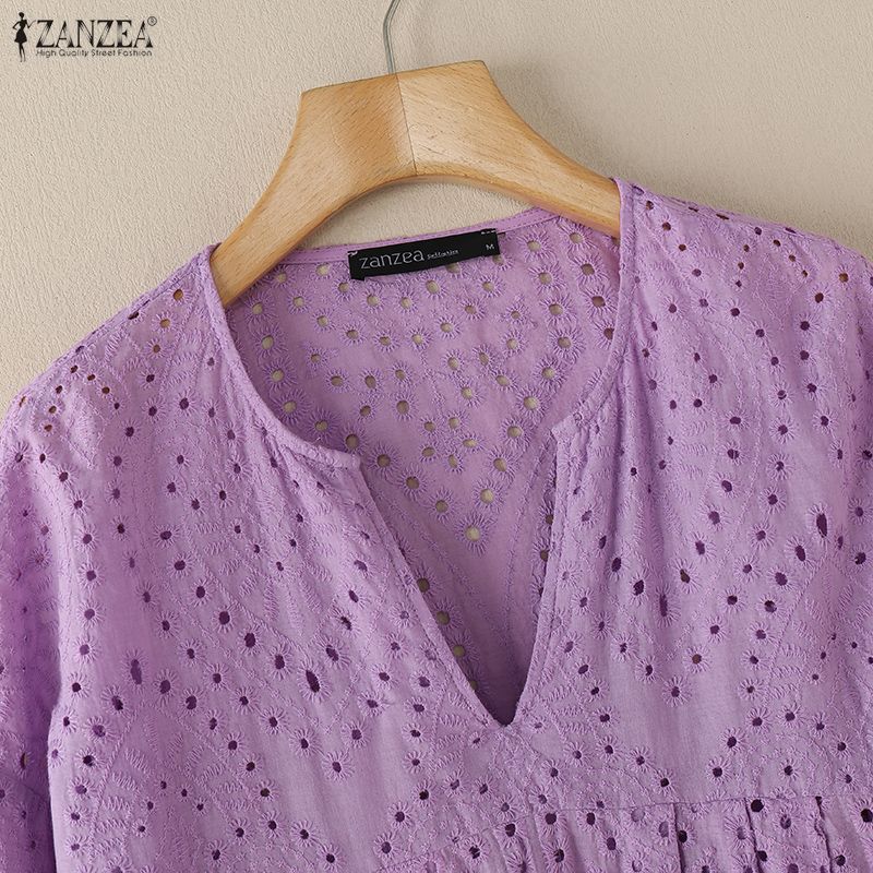 ZANZEA Blusa da Donna Casual con Scollo a V, Maniche a 3/4, Larga, Patchwork di Pizzo all'Uncinetto