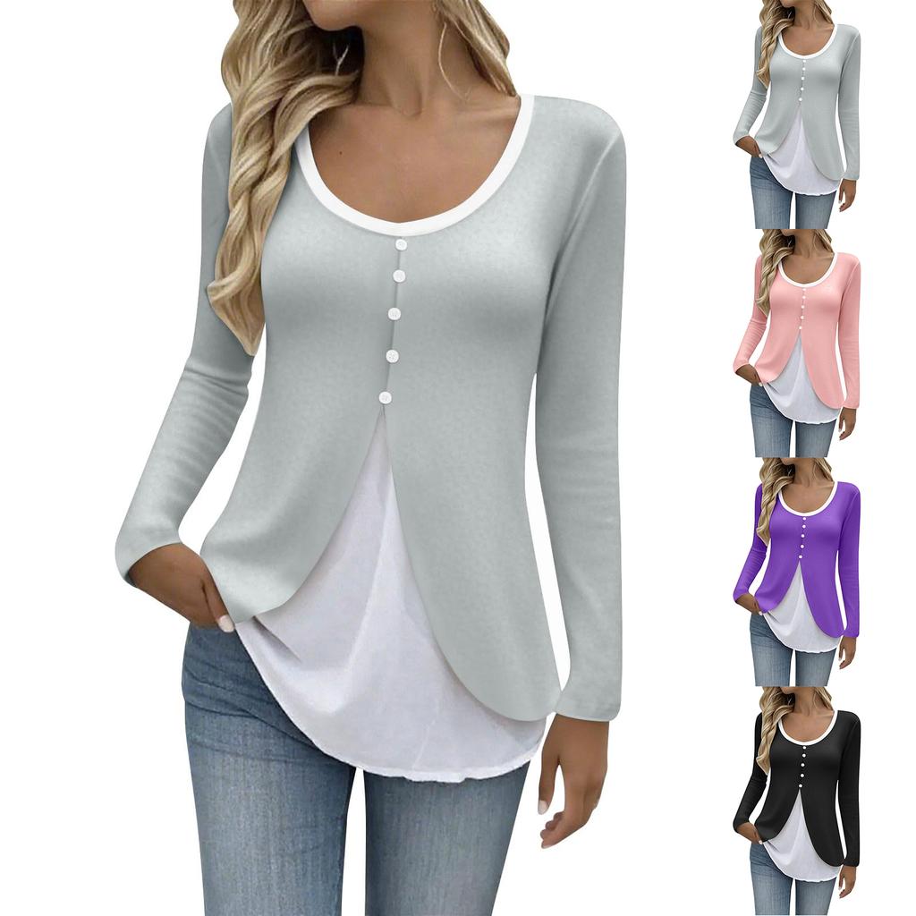 Women's Casual Fashion U-neck Contrast Color Long Sleeve Button T-shirt