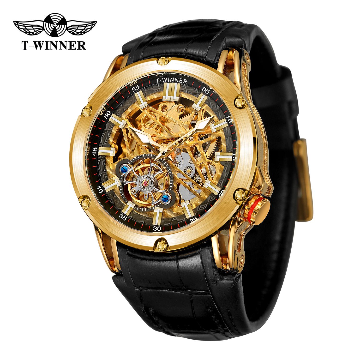 T-WINNER Winner Светящийся Двусторонний Полый Кожаный Ремешок Автоматические Механические Часы.