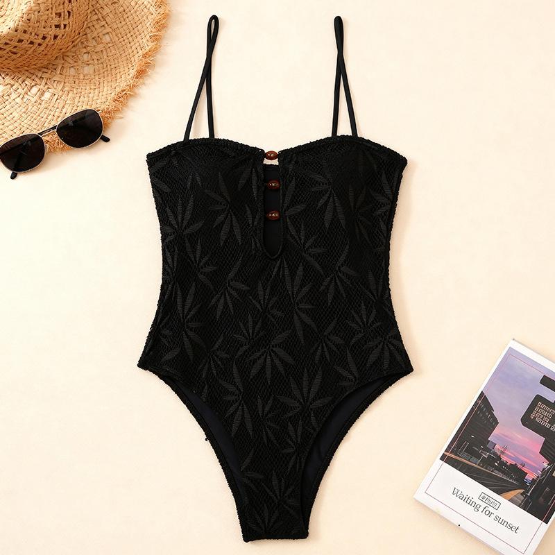 Bañador de una pieza con estampado de hojas, con tiras de cuentas caladas, estilo bohemio, control de abdomen con malla, bañador para mujer
