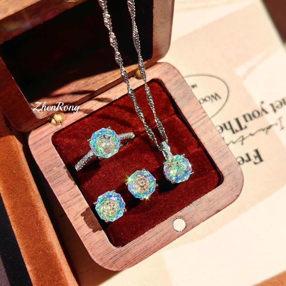 Octagonal Paraiba Pendant Necklace with Sparkling Diamond Earrings Yellow Gold Ring Women Jewelry Set