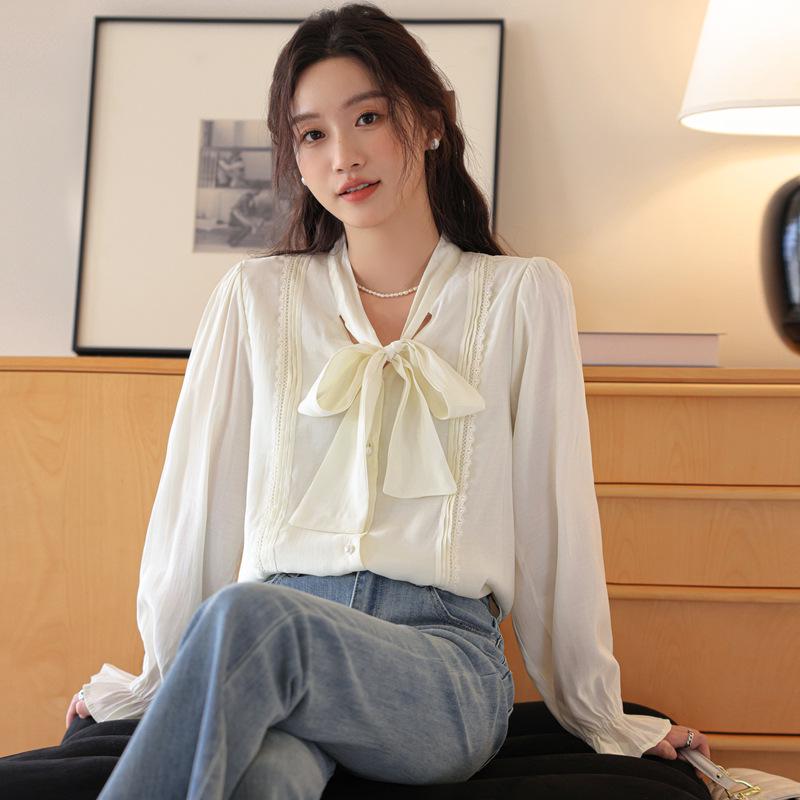 

Женская рубашка в стиле French Chic со шнуровкой и бантом, с длинным рукавом - Коллекция Весна 2026 Small абрикосовый