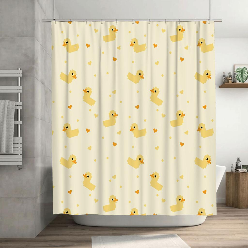 Bathroom Shower Curtain Cartoon Duck Pattern with Hearts for Kids Bathroom Decor Waterproof Polyester Fabric Customizable Size