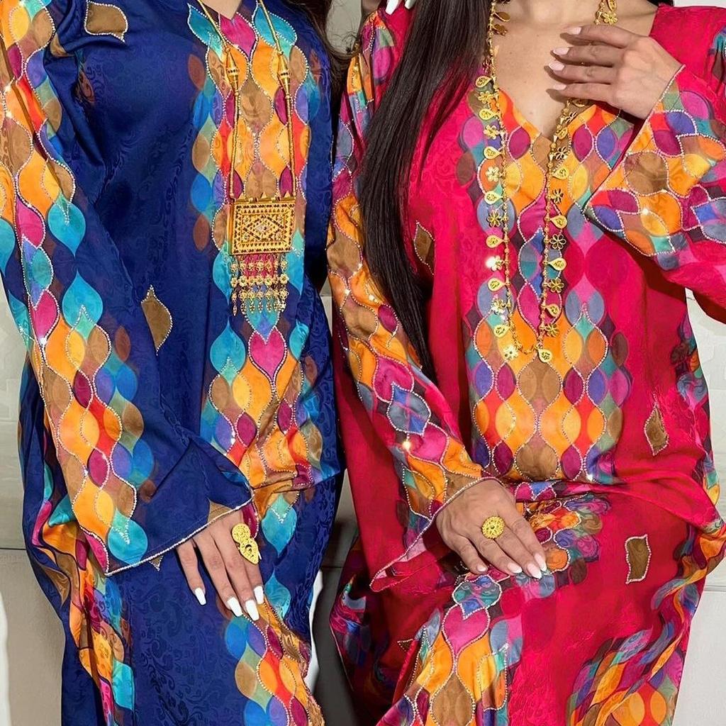 Elegant V-Neck Long Sleeve Dress with Hot Drill Print for Women