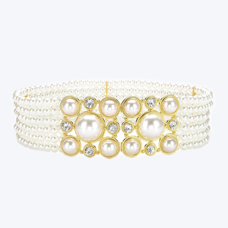Sweet Temperament String Pearl Belt Elastic Diamond Elastic Women'S Wide Waist Seal With Skirt Decorative Belt