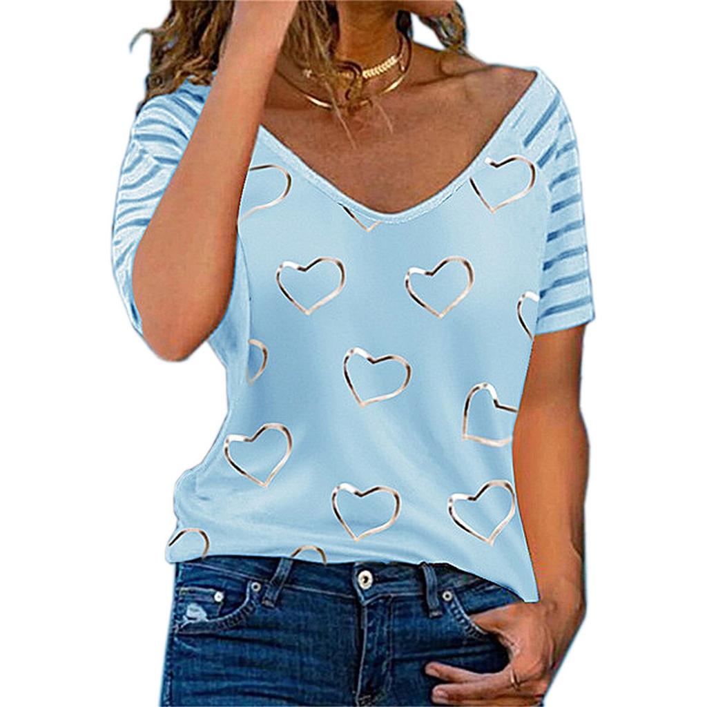 Ladies' top, short-sleeved, heart-shaped printed V-neck