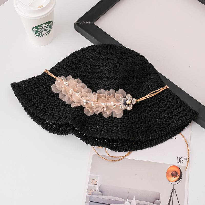 Hat female hand-woven flower straw hat small fresh face small bucket hat summer outdoor sun hat new