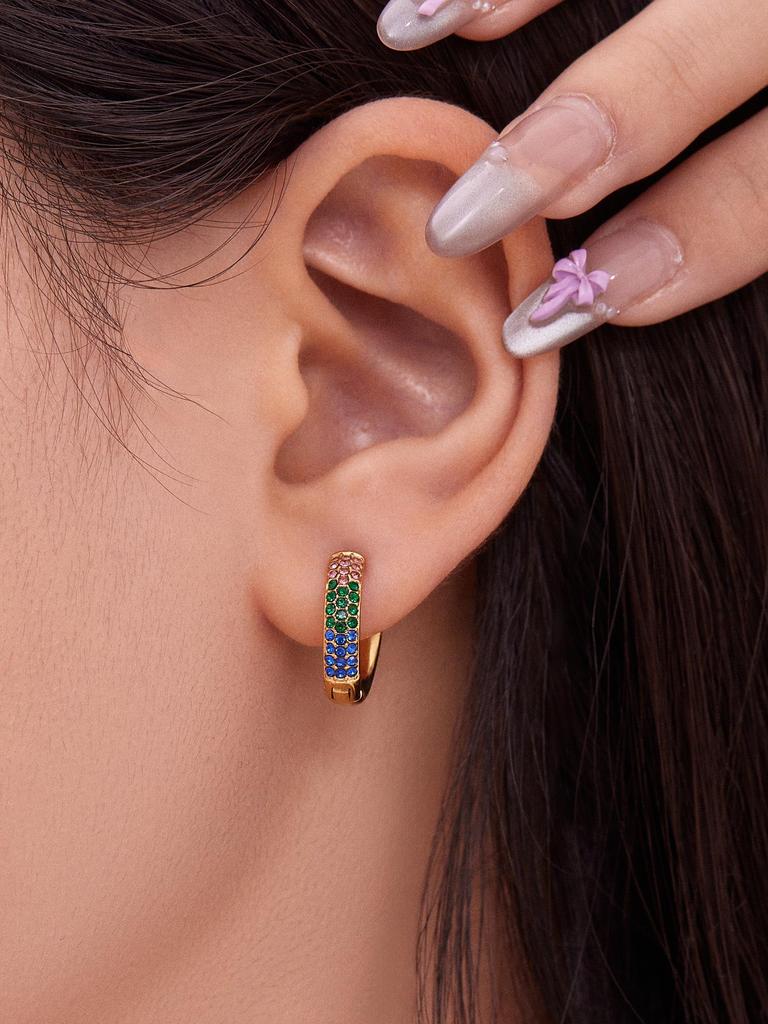 Qiong Yao Zircon Three-Row Diamond U-Shape Ear Cuff, 18k Gold Plated Stainless Steel Earrings
