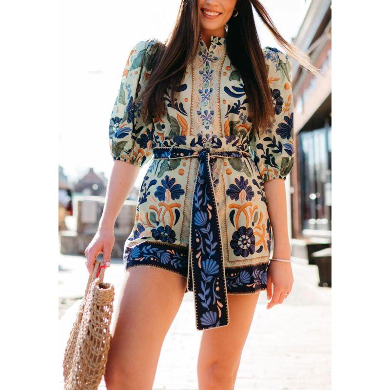 

Bohemian Jumpsuit Women 2025 European and American Print Lace-up Bohemian Fashion Jumpsuit Women Flower color 2XL