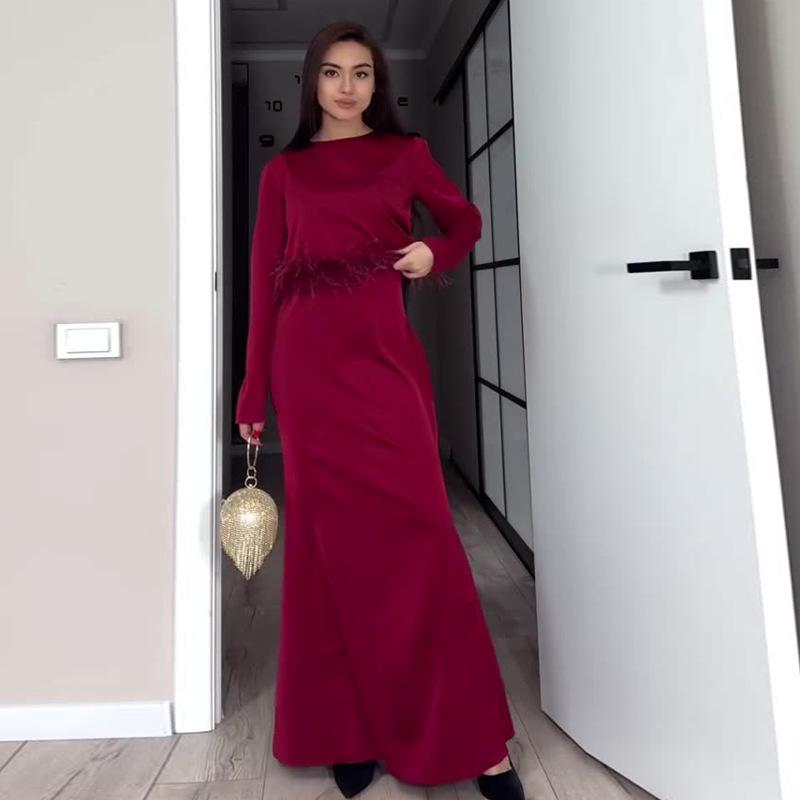 2024 Autumn Women's Slim Spaghetti Strap Long Dress with Feather Patchwork Short Cardigan Set