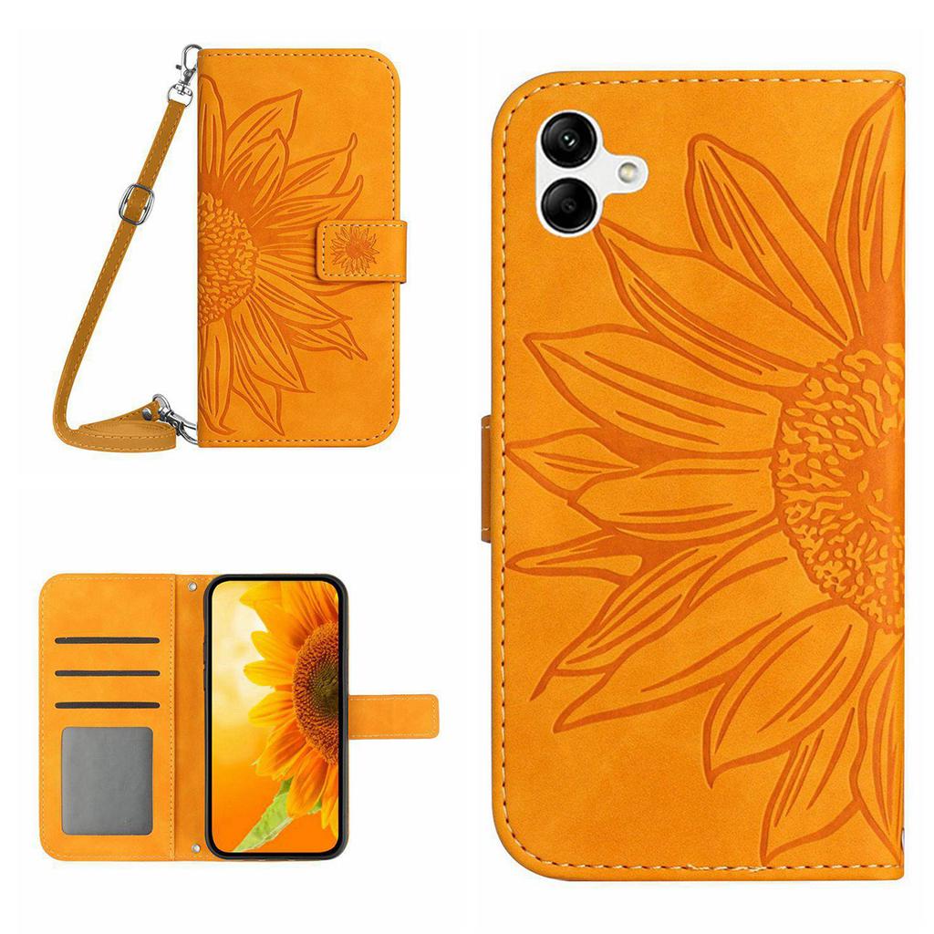 HT04 For Samsung Galaxy A06 4G Case PU Leather Sunflower Imprint Phone Cover with Long Strap
