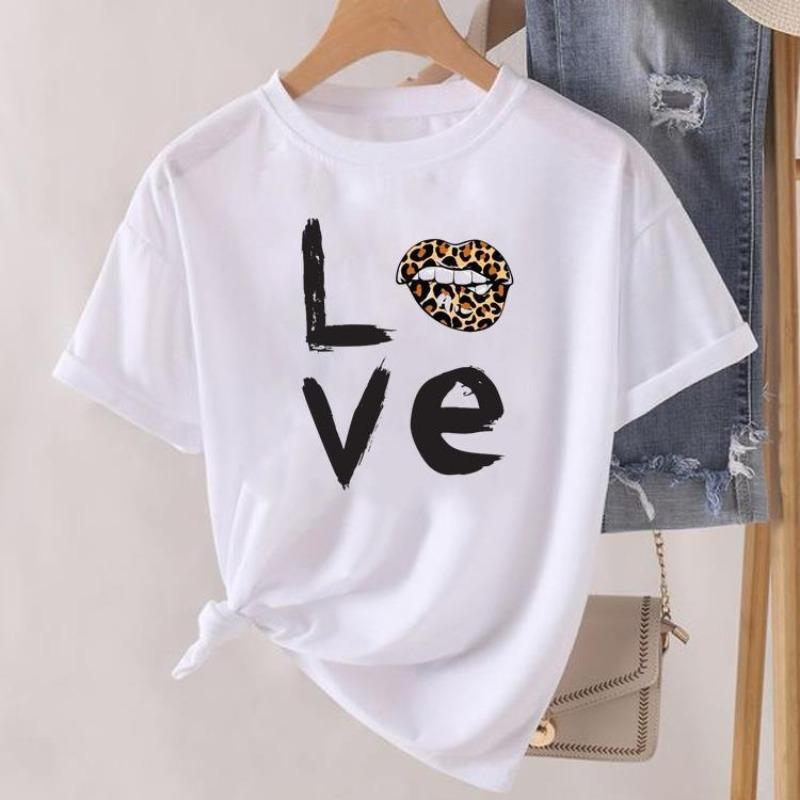 Cute Love Letter Heart Print T Shirt Women Love You Letter Graphic Short Sleeve Casual Summer Aesthetic Valentines Daily Tee