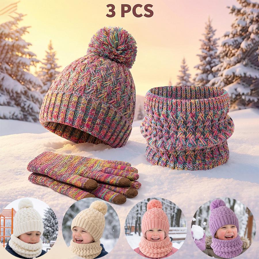 Europäisches & Amerikanisches Kinder Herbst/Winter Plus Samt Bommelmützen, Schal & Handschuhe Set