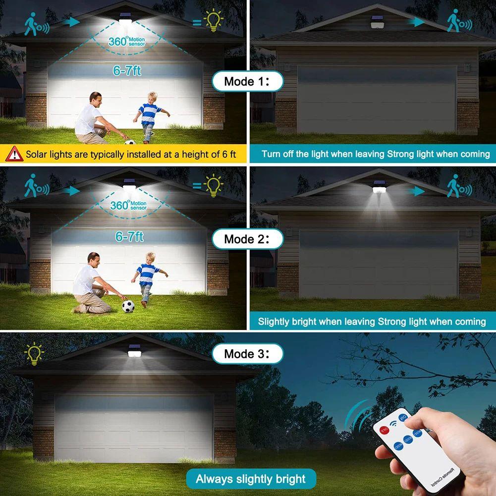 Outdoor LED Solar Light 3 Modes Motion Sensor Flood Lamp IP65 Waterproof Security Lights with Remote for Garage Wall Light