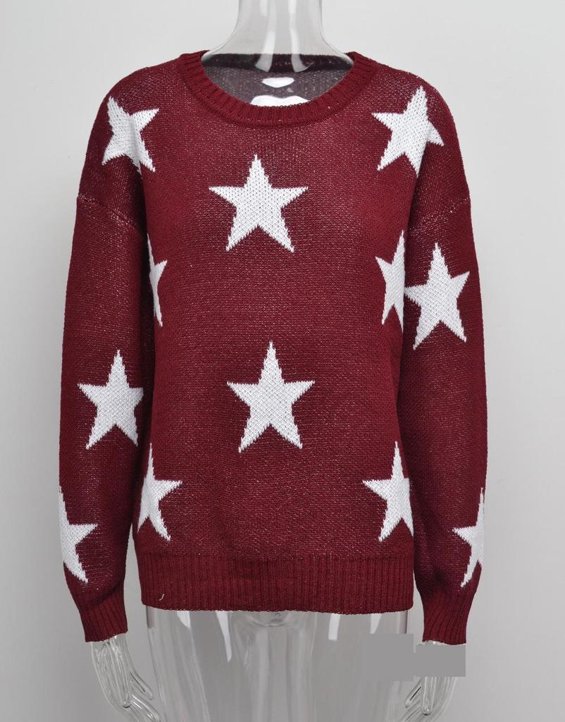 Autumn and Winter Pullover Temperament Commuter Elegant Round Neck Large Size Five-pointed Star Knitted Sweater Comfortable Women's Clothing