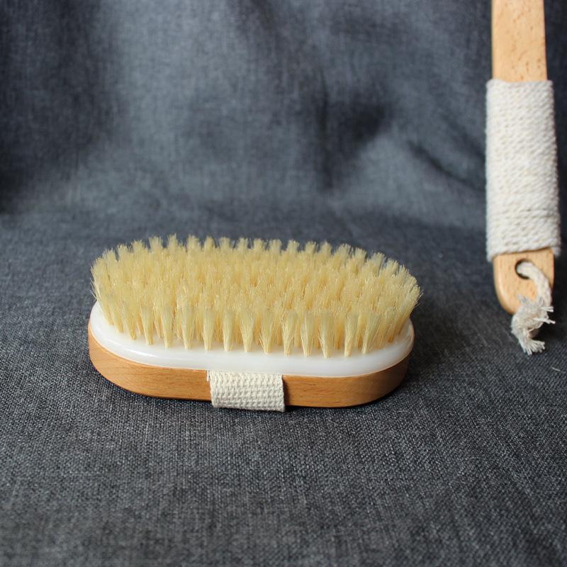 Long-Handled Boar Bristle Bath Brush, Back Scrubber, Detachable Head, Medium Soft/Hard, for Body, Dry Brushing, and Massage.