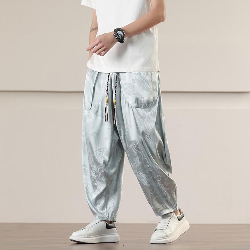 Men's Black Dragon Jacquard Elastic Waist Baggy Harem Casual Pants
