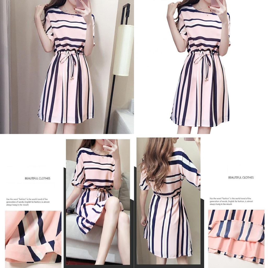 Elegant And Timeless Women Fashion Short Sleeve Casual Dress With Classic Stripes