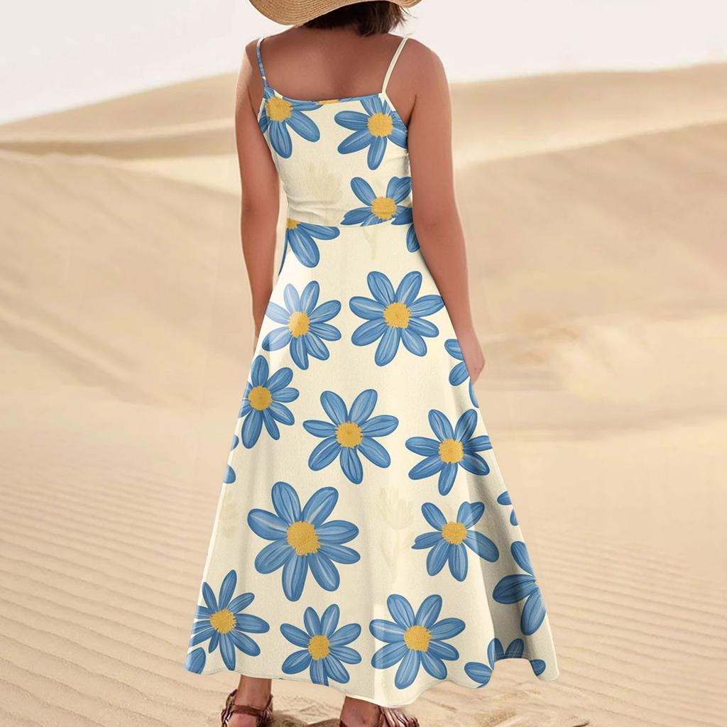 Women's Casual V Neck Floral Print Sleeveless Pocket Suspender Dress