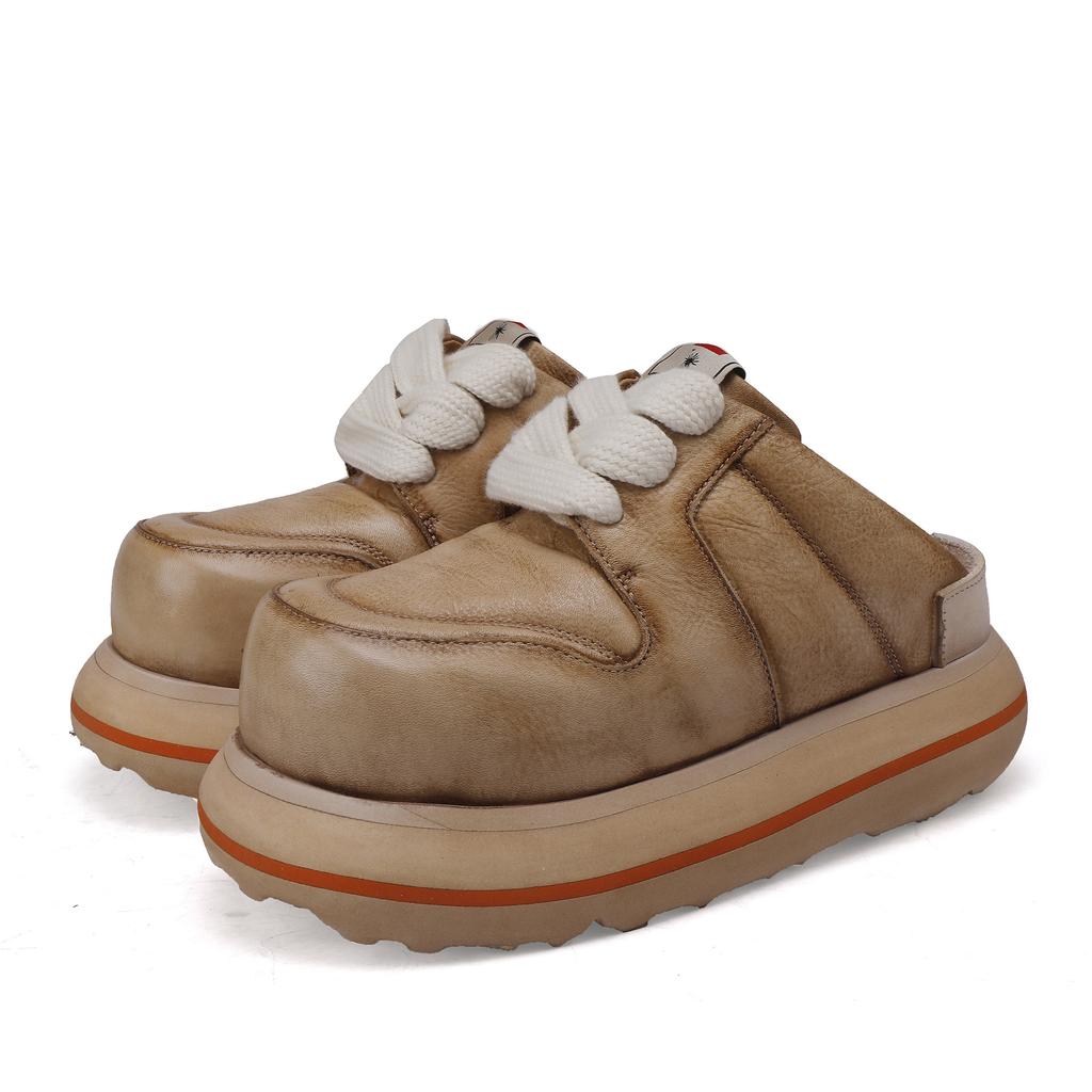 Johnature Damskie buty na grubej podeszwie ze skóry naturalnej, sznurowane, outdoorowe, z okrągłym noskiem, modne kapcie