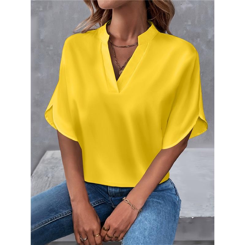 Summer Casual Solid Color V-neck Loose Shirt Blouse Women