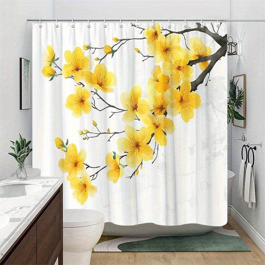 1 Elegant Yellow Flower Branch Shower Curtain - Polyester Fabric, Machine Washable, Suitable for Bathroom Decoration