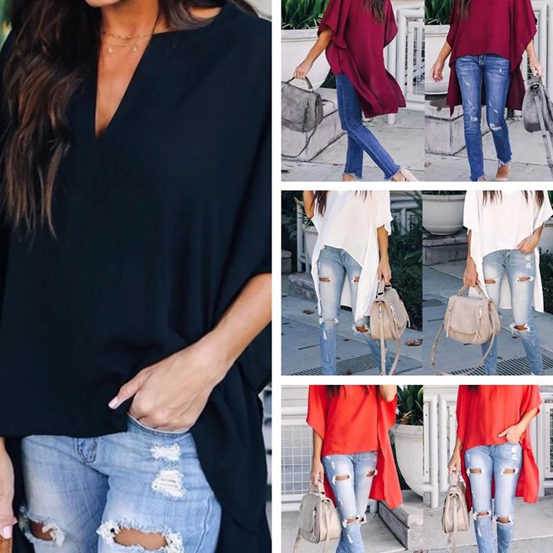 

Весна Лето Простой Мода V-образный вырез Свободный рукав Топ