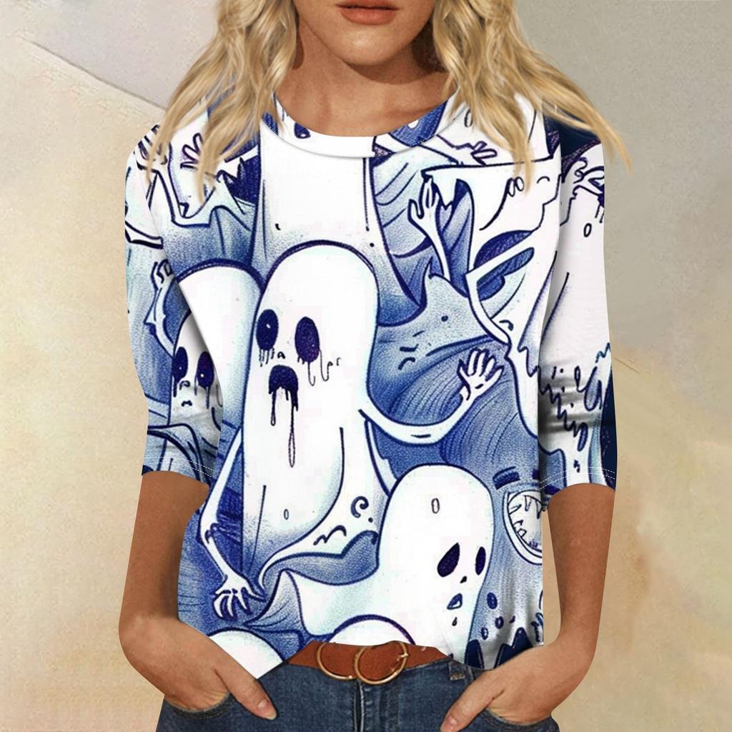 Women's Fashion Casual Three-quarter Sleeve Halloween Printed Round Neck Top